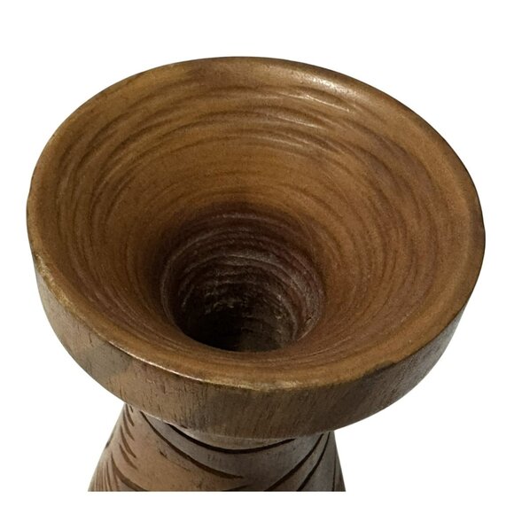 Vintage Hand Carved Wooden 2-Piece Pedestal Vase Etched Floral Design 13" MCM - Picture 6 of 9